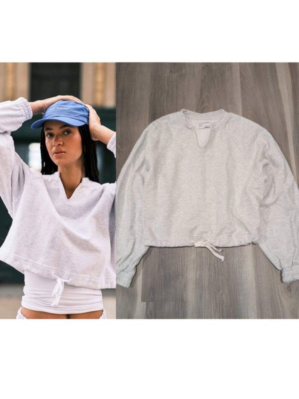 Good For Sunday | Cotton Fleece Raglan V-Neck Sweatshirt In Herringbone Grey